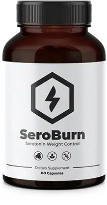 A brown supplement bottle labeled “SeroBurn – Serotonin Weight Control” with a black lid and minimalist white label design